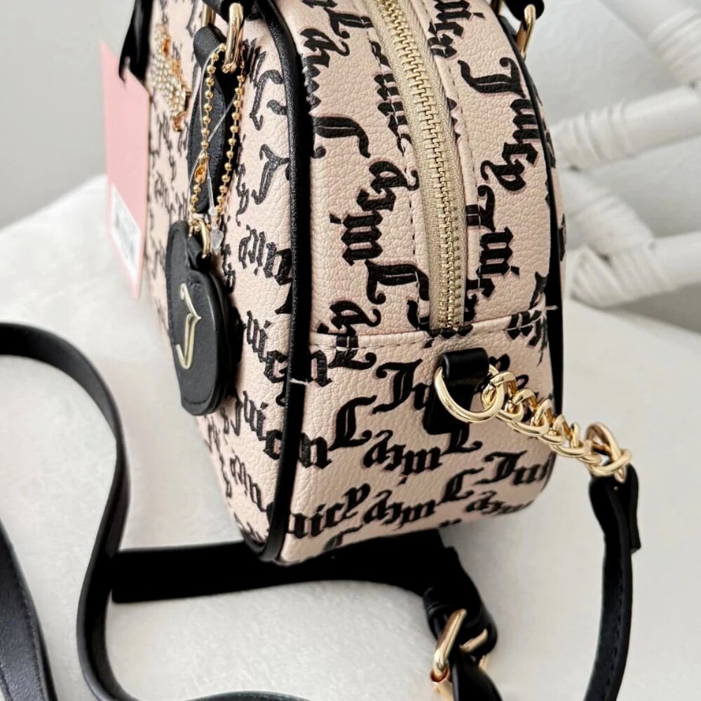 NWT Juicy Couture Gothic Logo Crossbody Satchel Bag Heart Charm Beige & Black - Picture 7 of 15